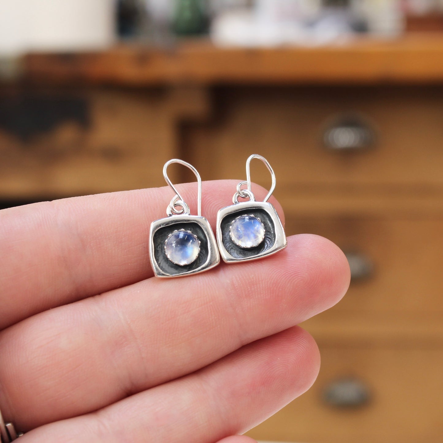 Tiny Blue Moonstone Shadow Box Style Dangle Earrings
