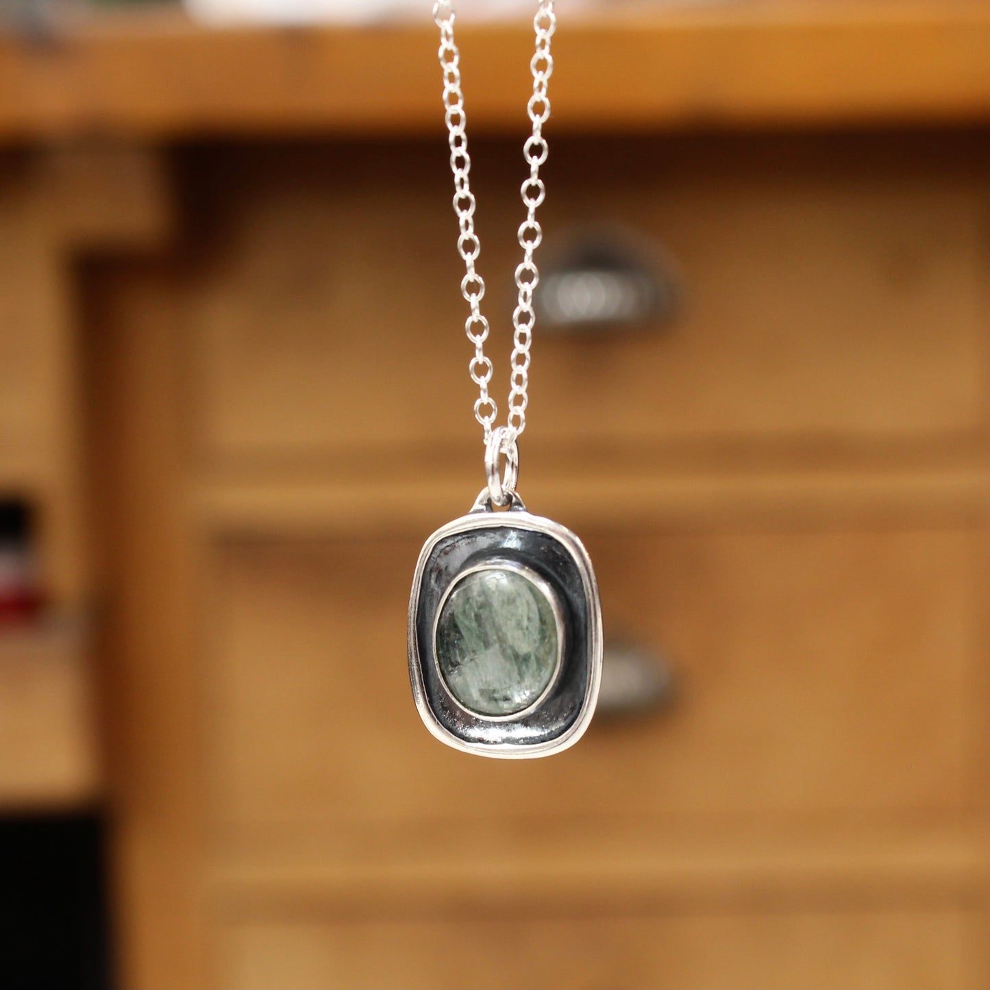 Shiny Green Kyanite Pendant in Sterling Silver Setting