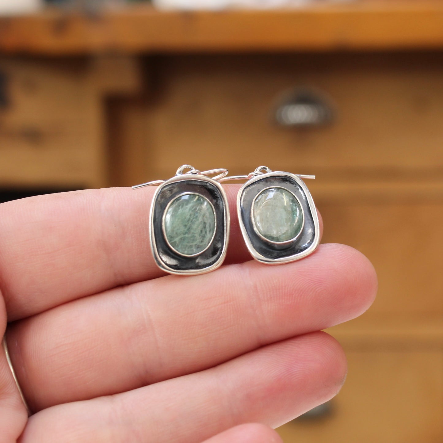 Shiny Green Kyanite Earrings in Sterling Silver Setting