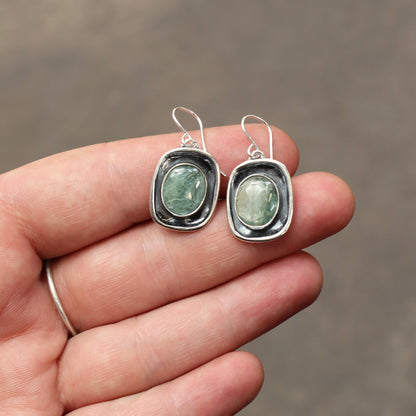 Shiny Green Kyanite Earrings in Sterling Silver Setting