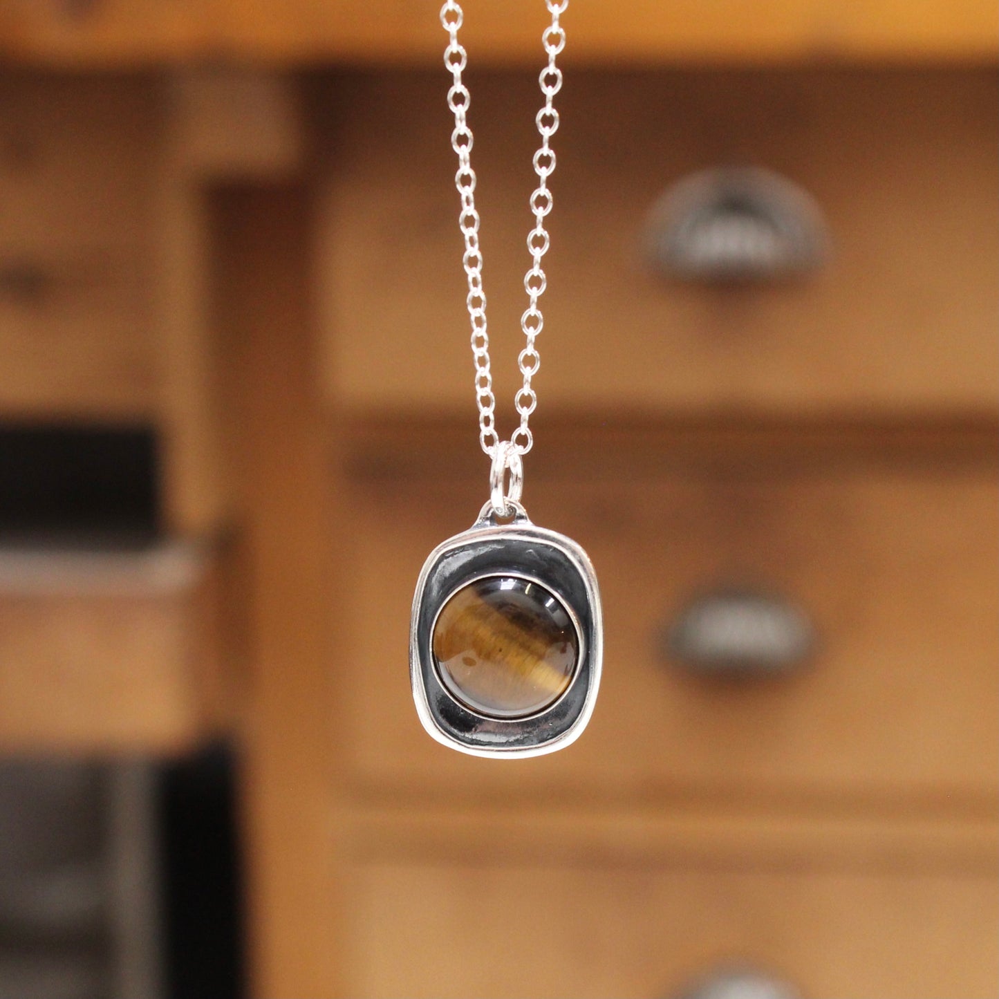 Tiger's Eye Pendant Necklace on Adjustable Sterling Chain