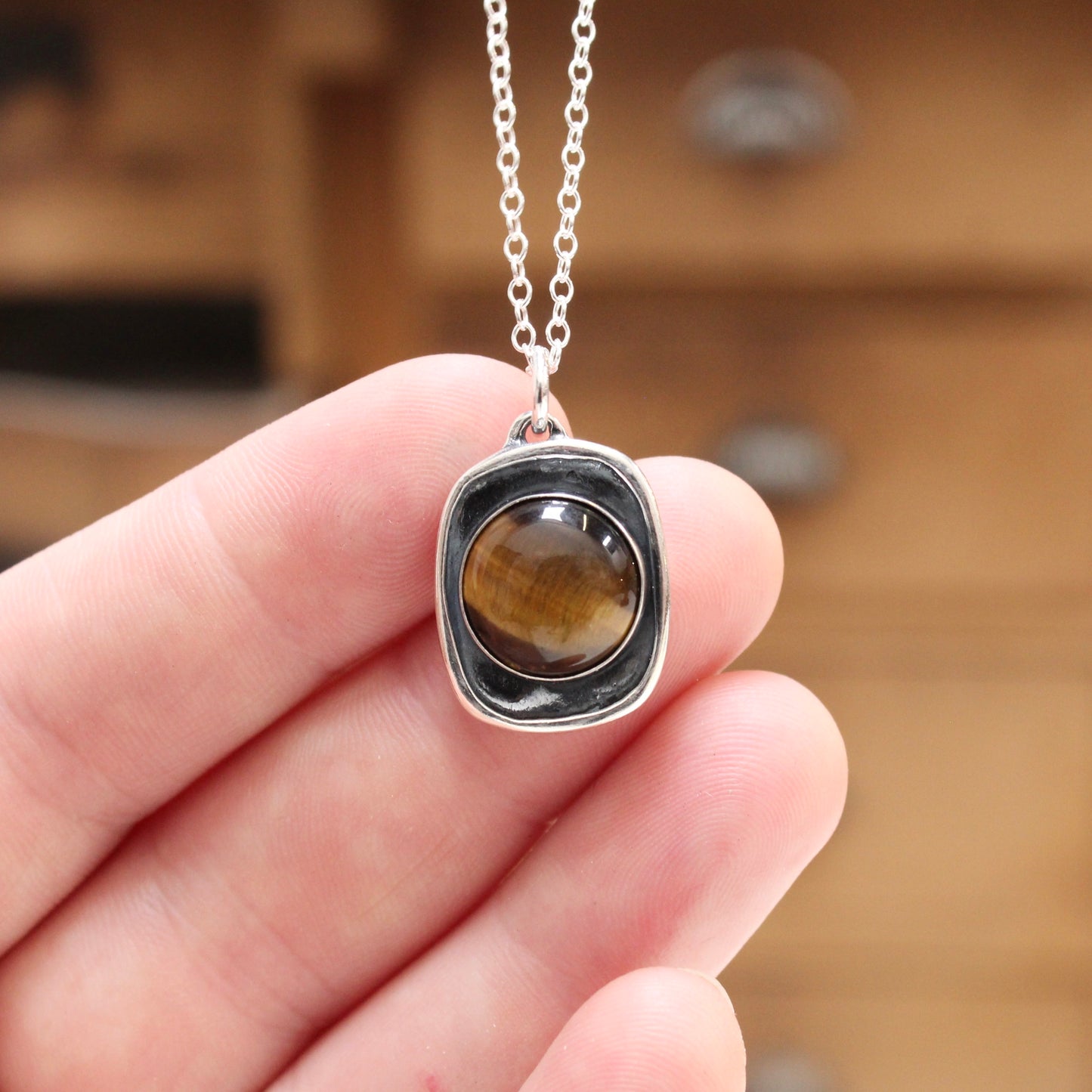 Tiger's Eye Pendant Necklace on Adjustable Sterling Chain