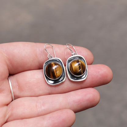 Tiger's Eye Earrings in Modern Sterling Silver Shadow Box Setting