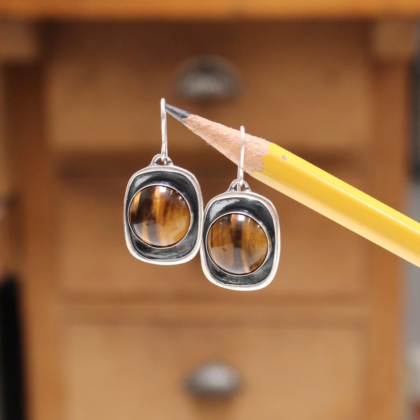 Tiger's Eye Earrings in Modern Sterling Silver Shadow Box Setting