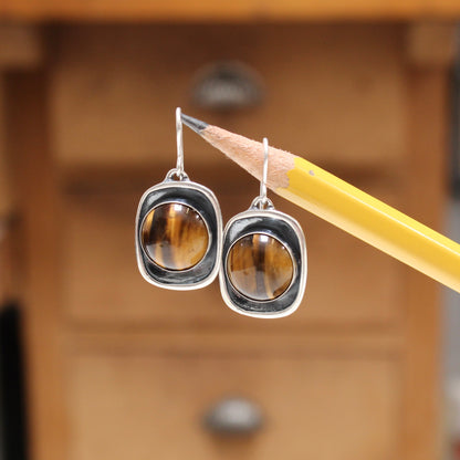 Tiger's Eye Earrings in Modern Sterling Silver Shadow Box Setting