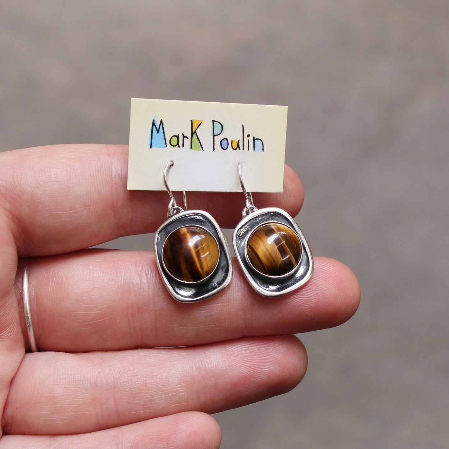 Tiger's Eye Earrings in Modern Sterling Silver Shadow Box Setting