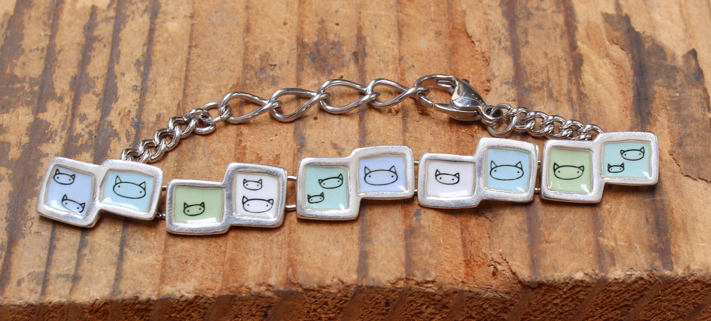 Pastel Blue and Green Cat Face Link Bracelet in Sterling Silver and Enamel