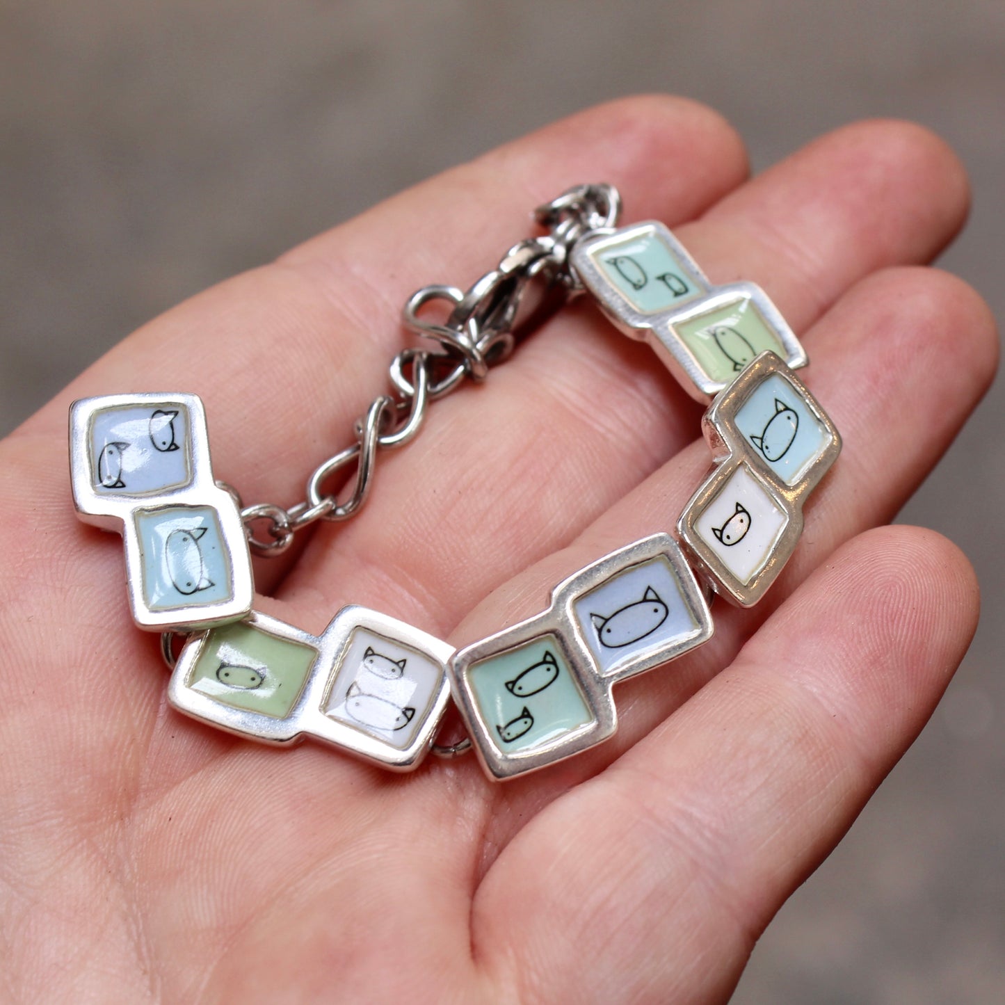 Pastel Blue and Green Cat Face Link Bracelet in Sterling Silver and Enamel