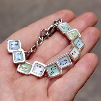 Pastel Blue and Green Cat Face Link Bracelet in Sterling Silver and Enamel