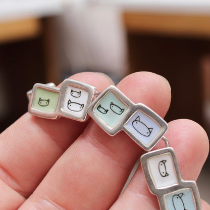 Pastel Blue and Green Cat Face Link Bracelet in Sterling Silver and Enamel
