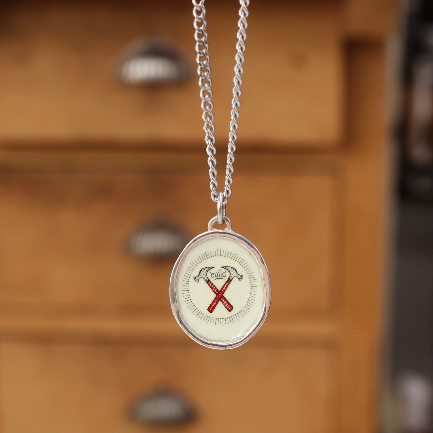 Build Necklace - Sterling Silver and Enamel Hammer and Nails Pendant
