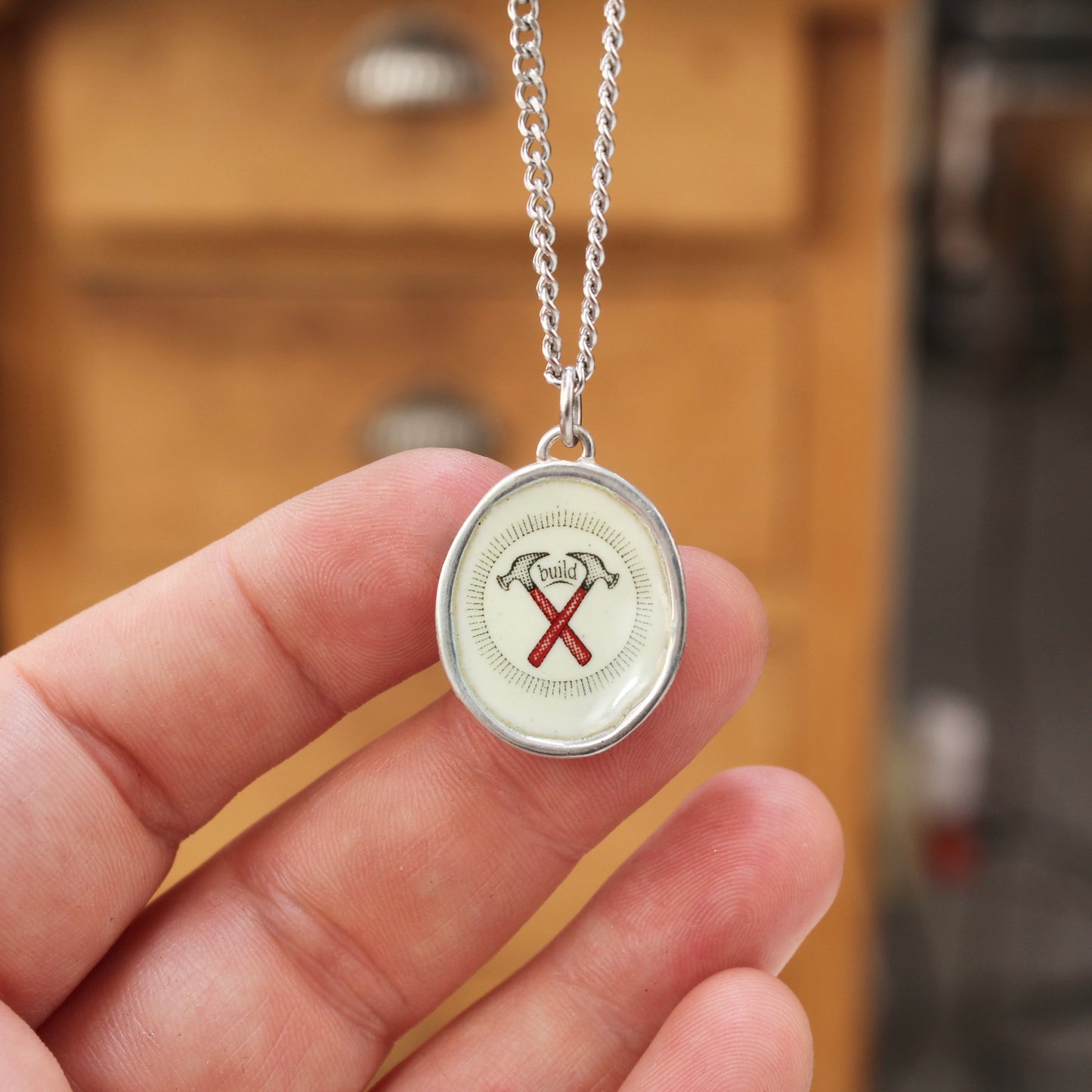 Build Necklace - Sterling Silver and Enamel Hammer and Nails Pendant