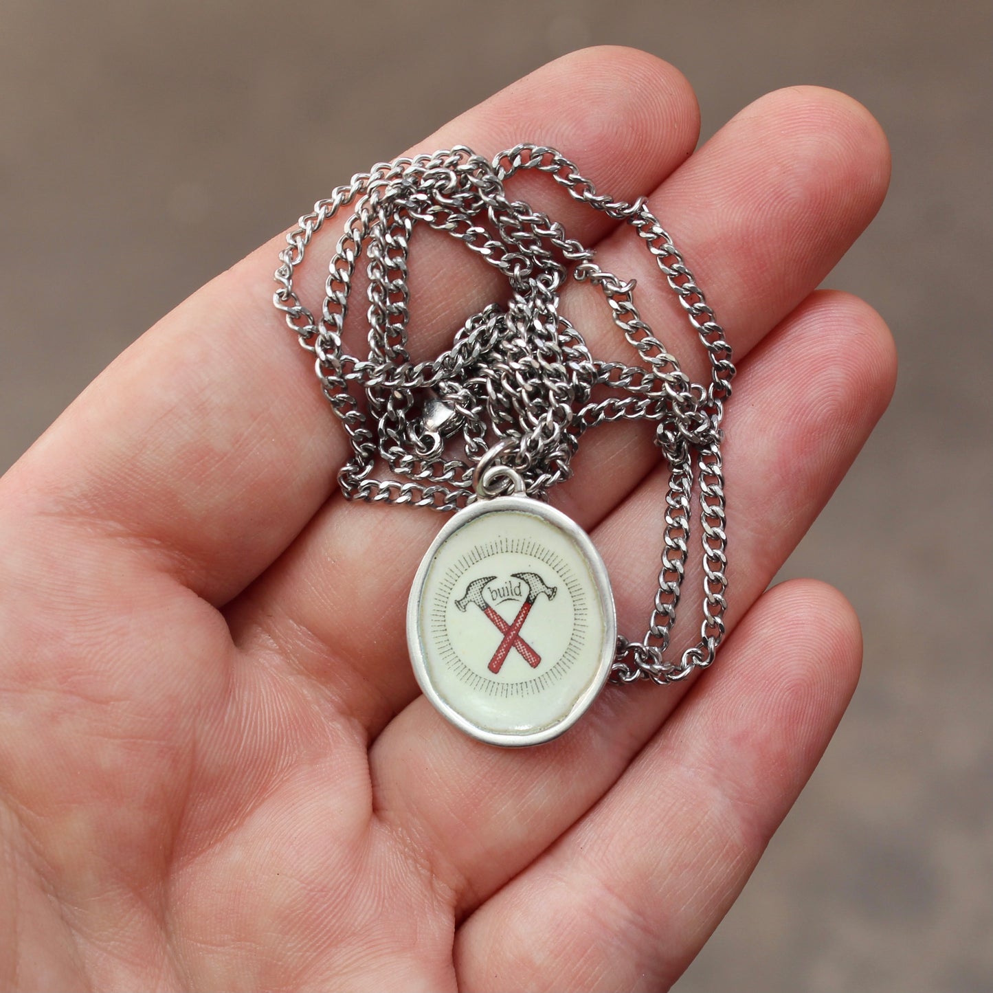 Build Necklace - Sterling Silver and Enamel Hammer and Nails Pendant