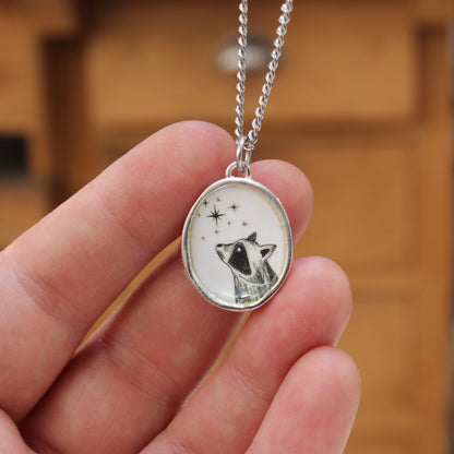 Star Gazing Raccoon Enamel and Sterling Silver Pendant on 24" Stainless Steel Chain