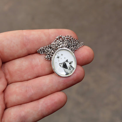 Star Gazing Raccoon Enamel and Sterling Silver Pendant on 24" Stainless Steel Chain