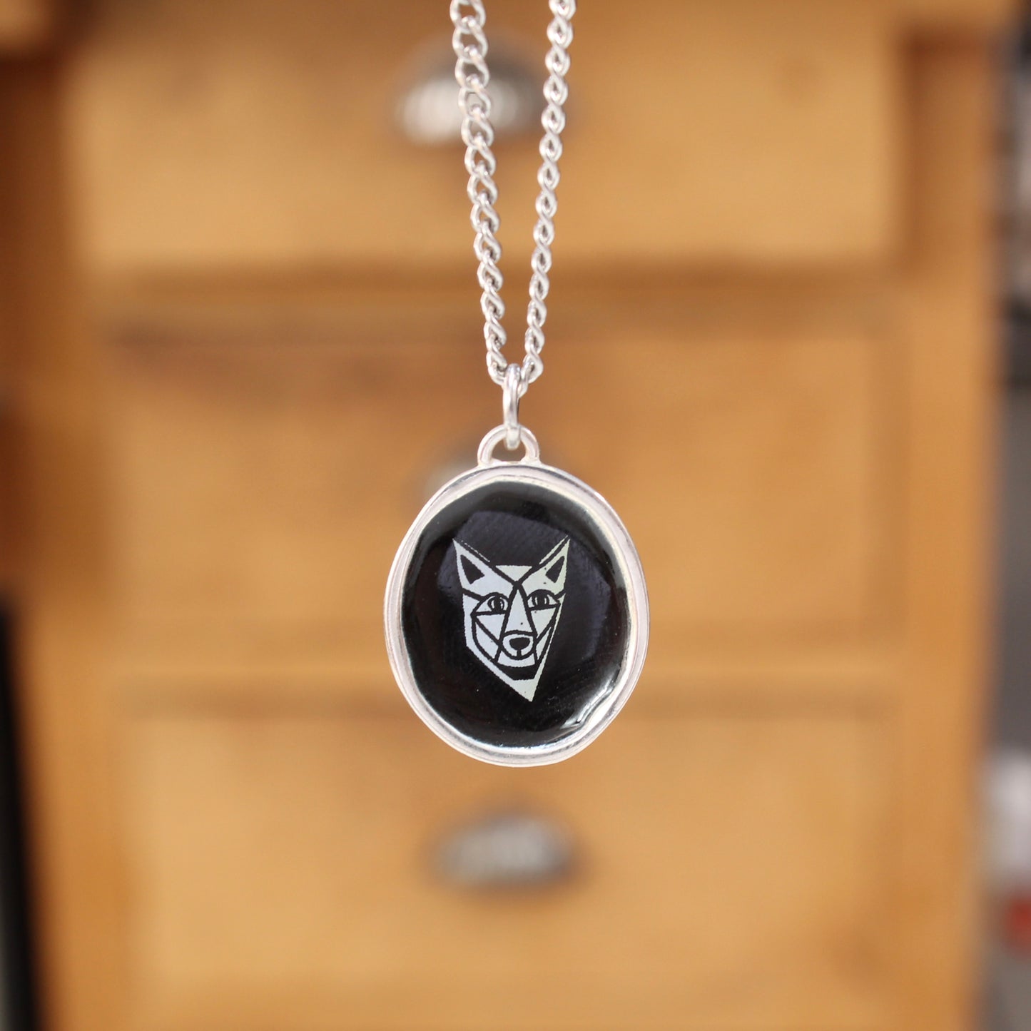 Black and White Coyote Sterling Silver and Enamel Pendant on 24 Inch Stainless Steel Chain