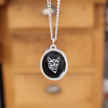 Black and White Coyote Sterling Silver and Enamel Pendant on 24 Inch Stainless Steel Chain
