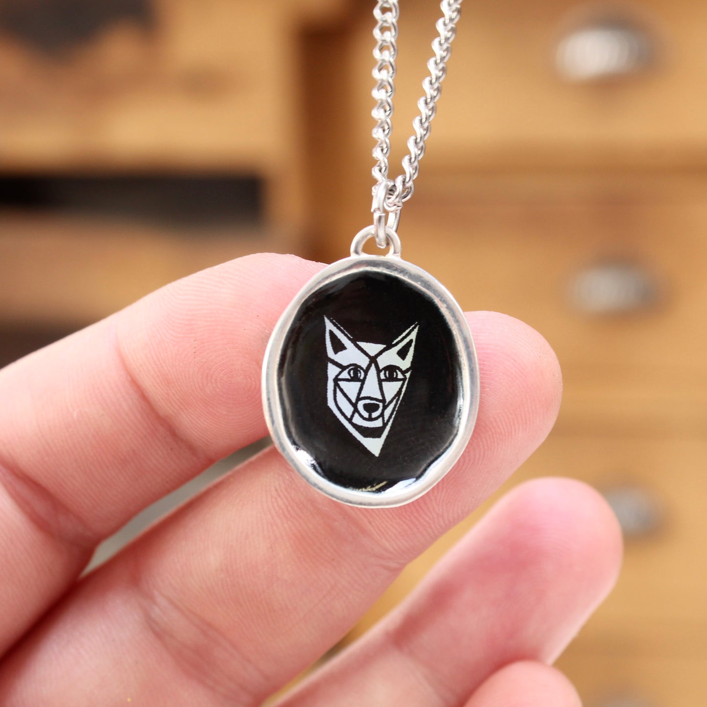 Black and White Coyote Sterling Silver and Enamel Pendant on 24 Inch Stainless Steel Chain