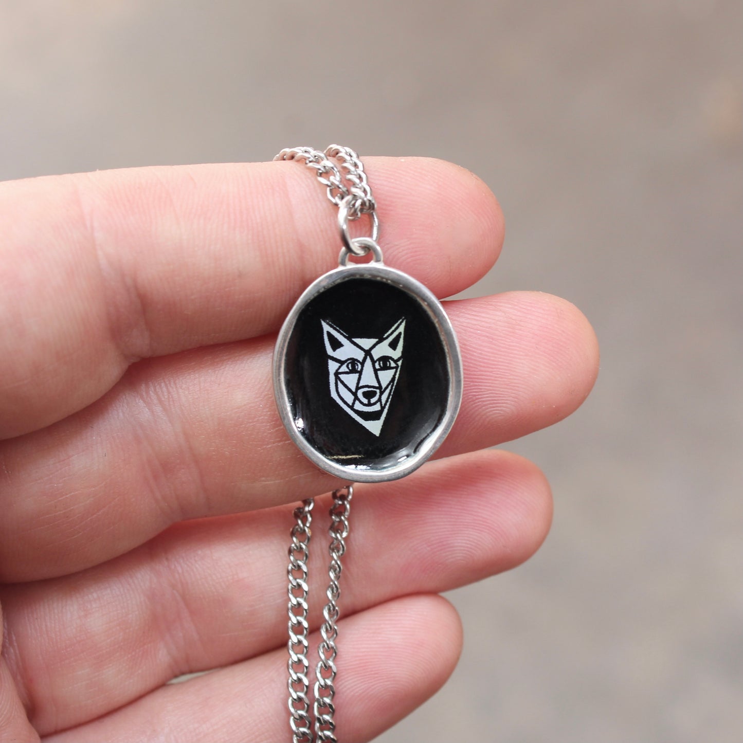 Black and White Coyote Sterling Silver and Enamel Pendant on 24 Inch Stainless Steel Chain