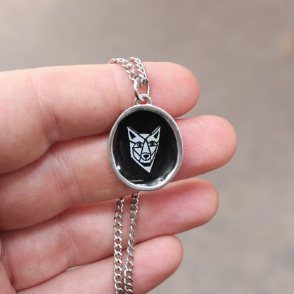 Black and White Coyote Sterling Silver and Enamel Pendant on 24 Inch Stainless Steel Chain