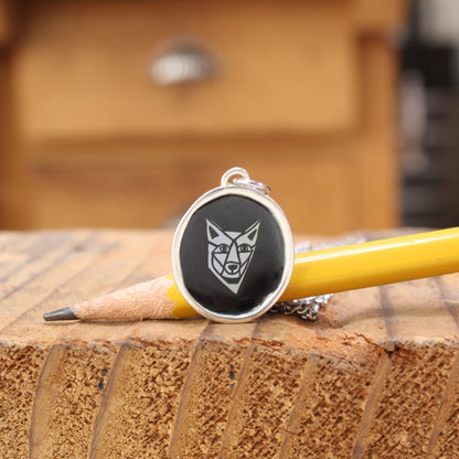 Black and White Coyote Sterling Silver and Enamel Pendant on 24 Inch Stainless Steel Chain
