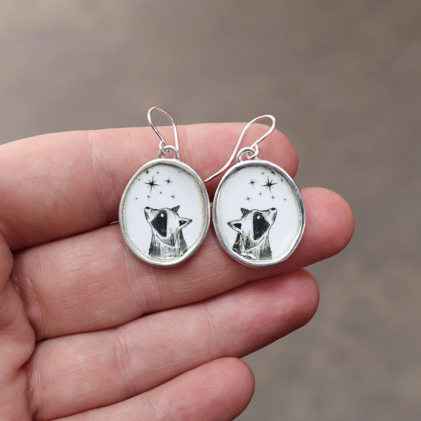 Star Gazing Raccoon Earrings - Large Sterling Silver and Enamel Dangle Earrings