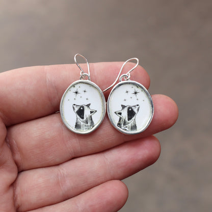 Star Gazing Raccoon Earrings - Large Sterling Silver and Enamel Dangle Earrings