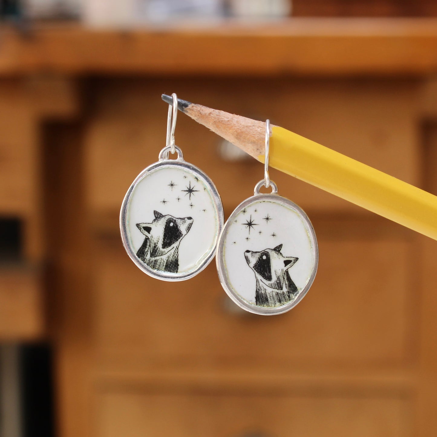 Star Gazing Raccoon Earrings - Large Sterling Silver and Enamel Dangle Earrings