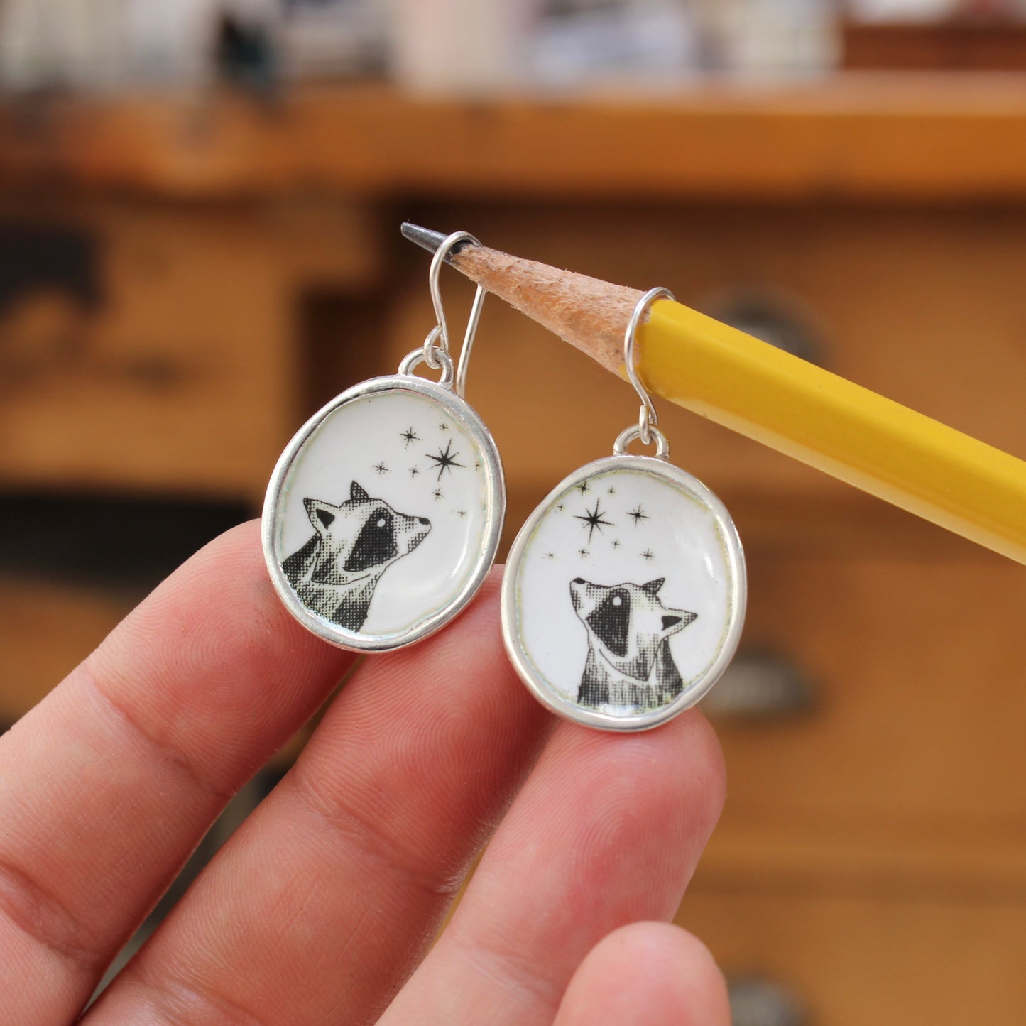 Star Gazing Raccoon Earrings - Large Sterling Silver and Enamel Dangle Earrings