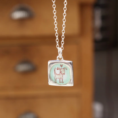 Reversible Love Dog Necklace - Sterling Silver and Enamel Puppy Love Pendant