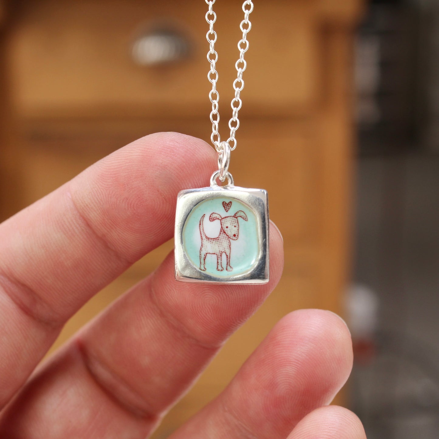Reversible Love Dog Necklace - Sterling Silver and Enamel Puppy Love Pendant