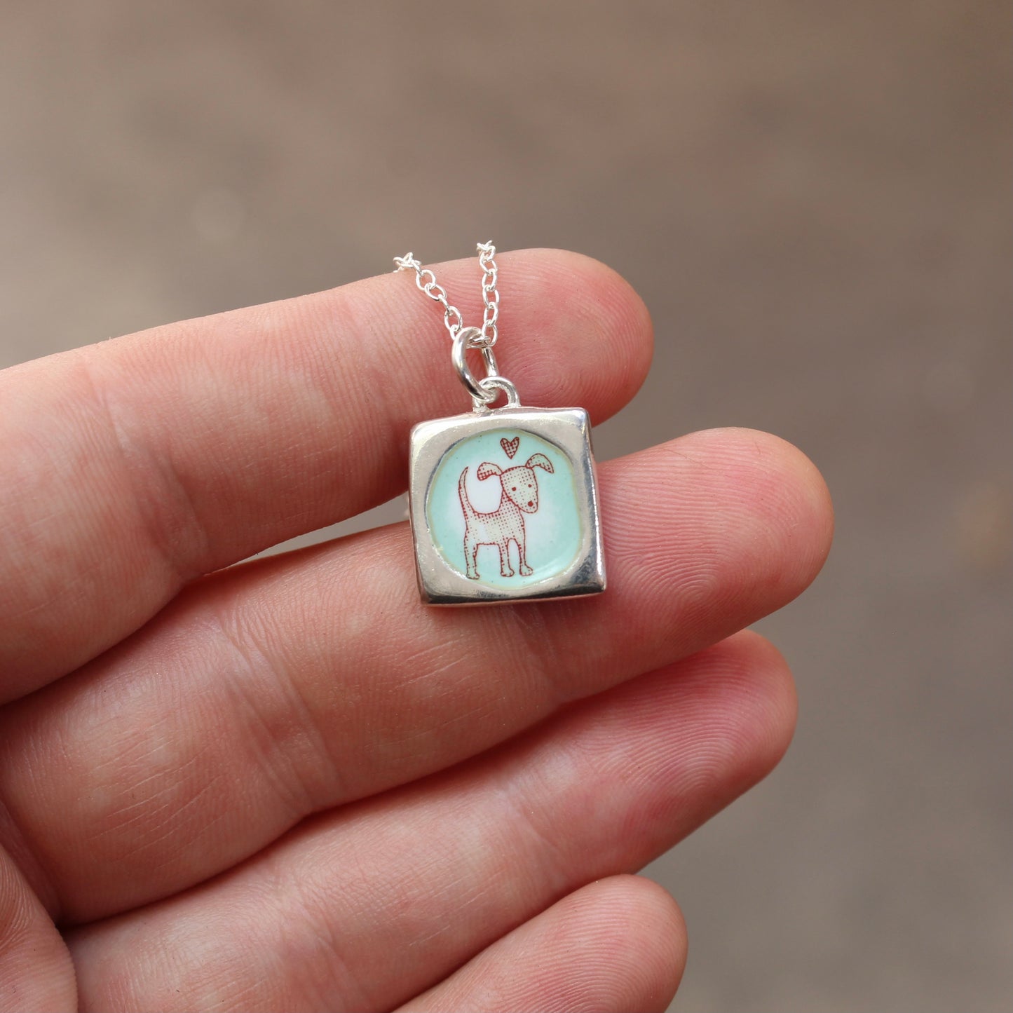 Reversible Love Dog Necklace - Sterling Silver and Enamel Puppy Love Pendant