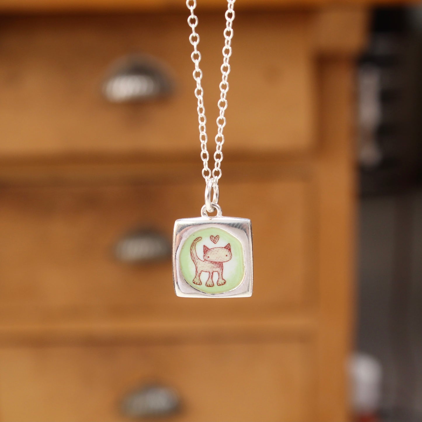 Reversible Love Cat Necklace - Sterling Silver and Enamel Kitten Love Pendant