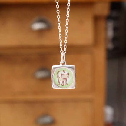 Reversible Love Cat Necklace - Sterling Silver and Enamel Kitten Love Pendant