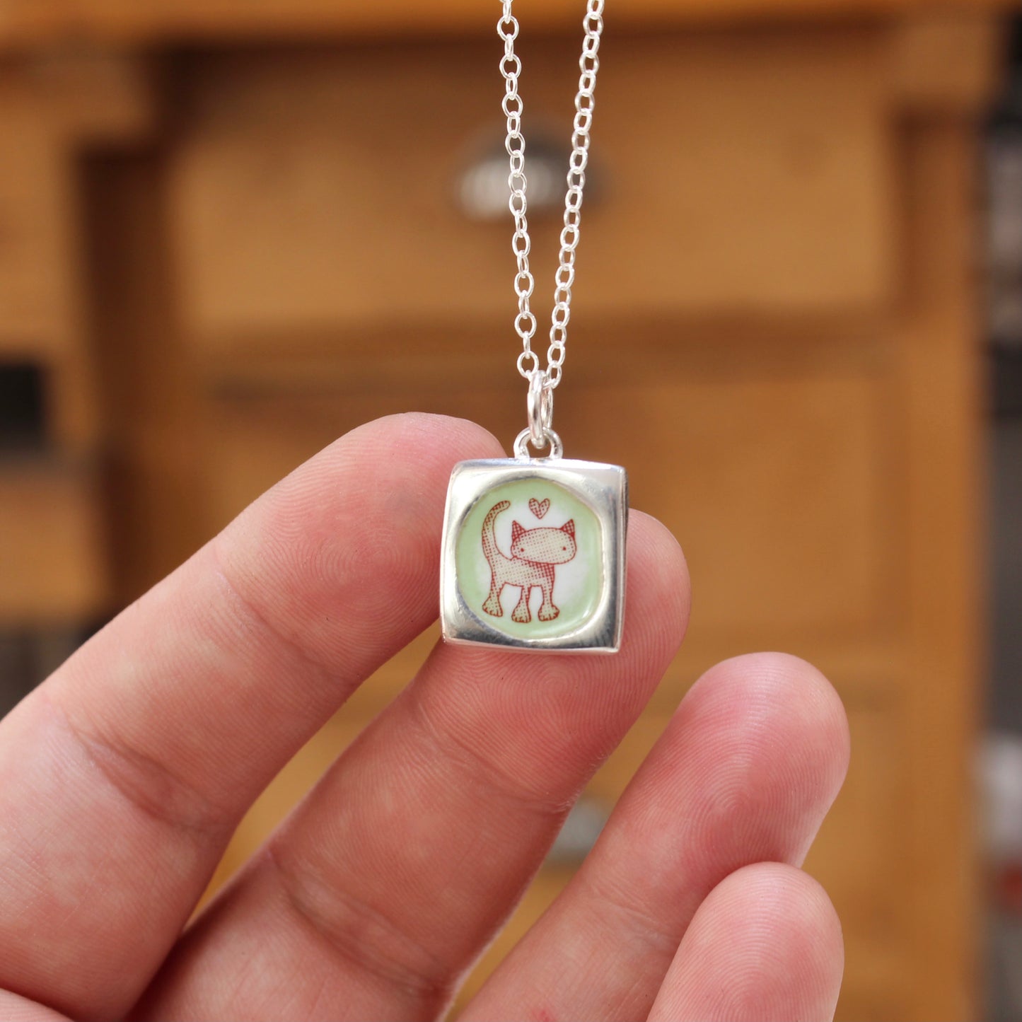 Reversible Love Cat Necklace - Sterling Silver and Enamel Kitten Love Pendant