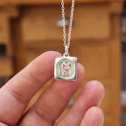 Reversible Love Cat Necklace - Sterling Silver and Enamel Kitten Love Pendant