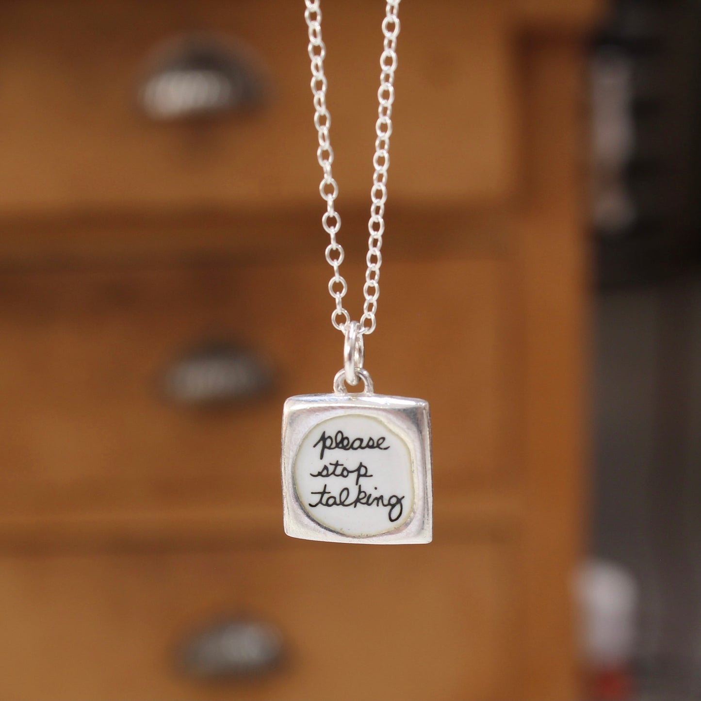 Please Stop Talking - Don't Care - Reversible Sterling Silver Introvert Pendant Necklace