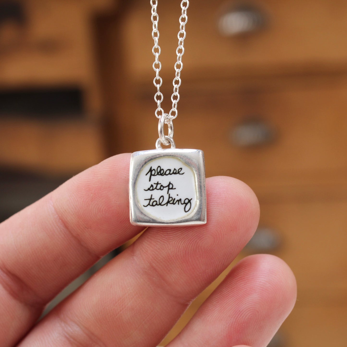 Please Stop Talking - Don't Care - Reversible Sterling Silver Introvert Pendant Necklace