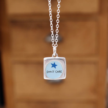 Please Stop Talking - Don't Care - Reversible Sterling Silver Introvert Pendant Necklace