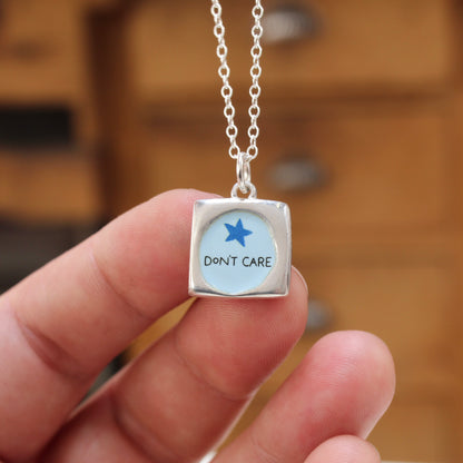 Please Stop Talking - Don't Care - Reversible Sterling Silver Introvert Pendant Necklace