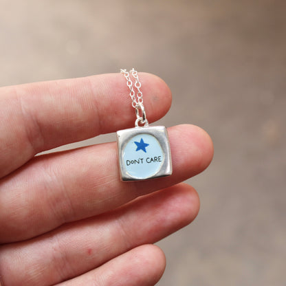 Please Stop Talking - Don't Care - Reversible Sterling Silver Introvert Pendant Necklace