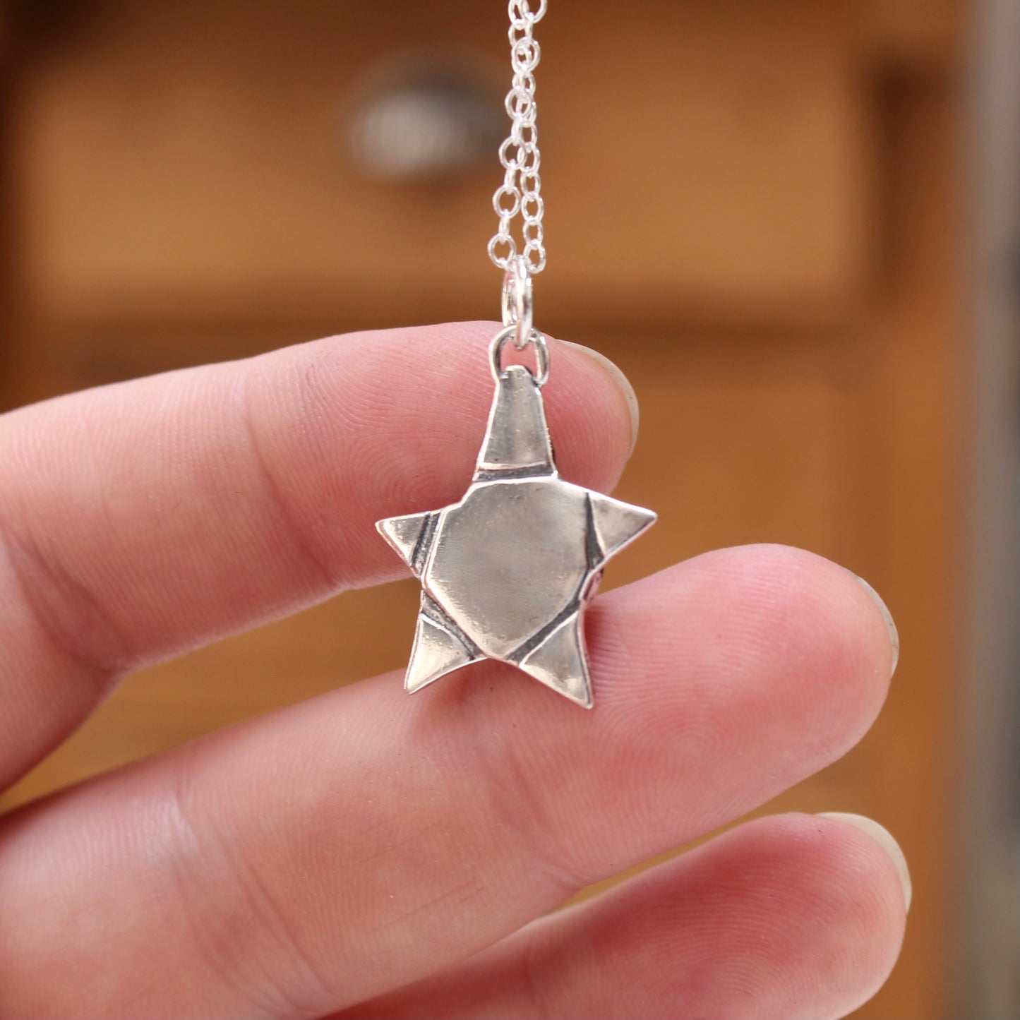 Prong Set Black Onyx and Sterling Silver Star Rustic Pendant Necklace