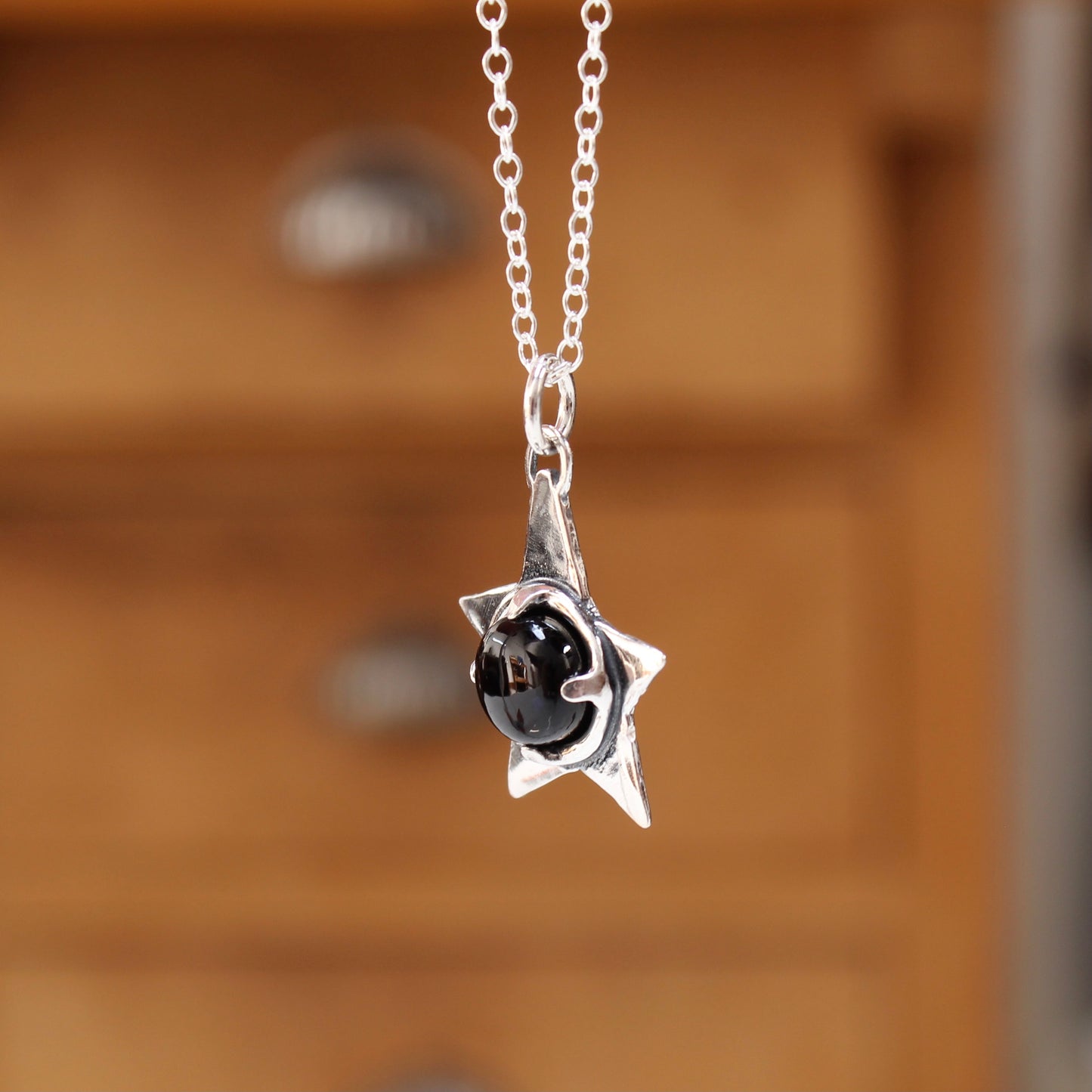 Prong Set Black Onyx and Sterling Silver Star Rustic Pendant Necklace