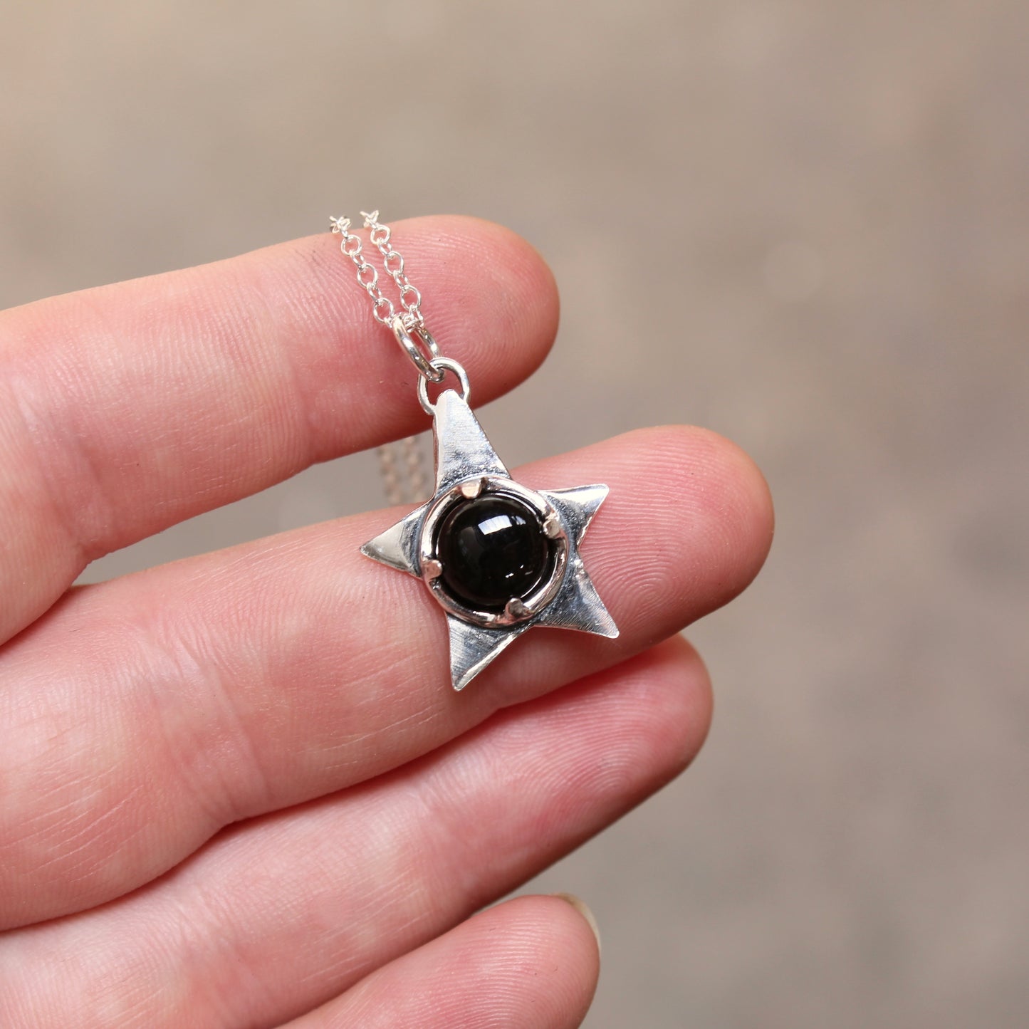 Prong Set Black Onyx and Sterling Silver Star Rustic Pendant Necklace