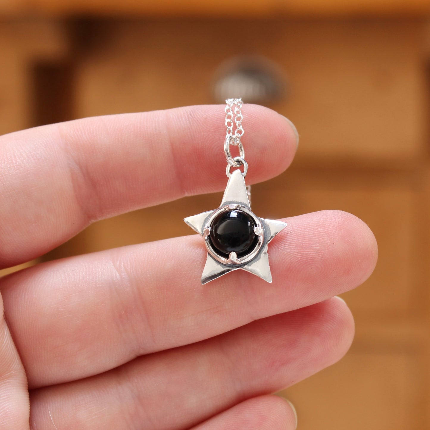 Prong Set Black Onyx and Sterling Silver Star Rustic Pendant Necklace