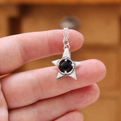 Prong Set Black Onyx and Sterling Silver Star Rustic Pendant Necklace