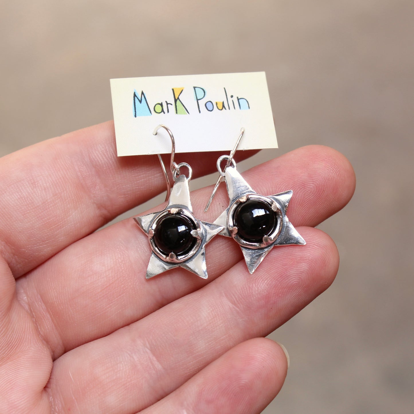 Black Onyx and Sterling Silver Star Earrings - Rustic Whimsical Goth