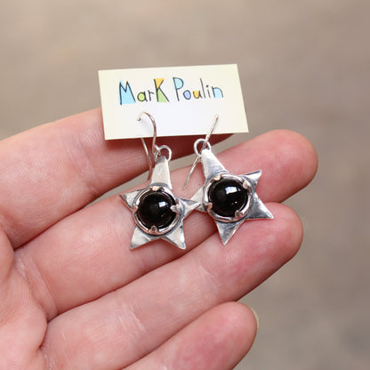Black Onyx and Sterling Silver Star Earrings - Rustic Whimsical Goth