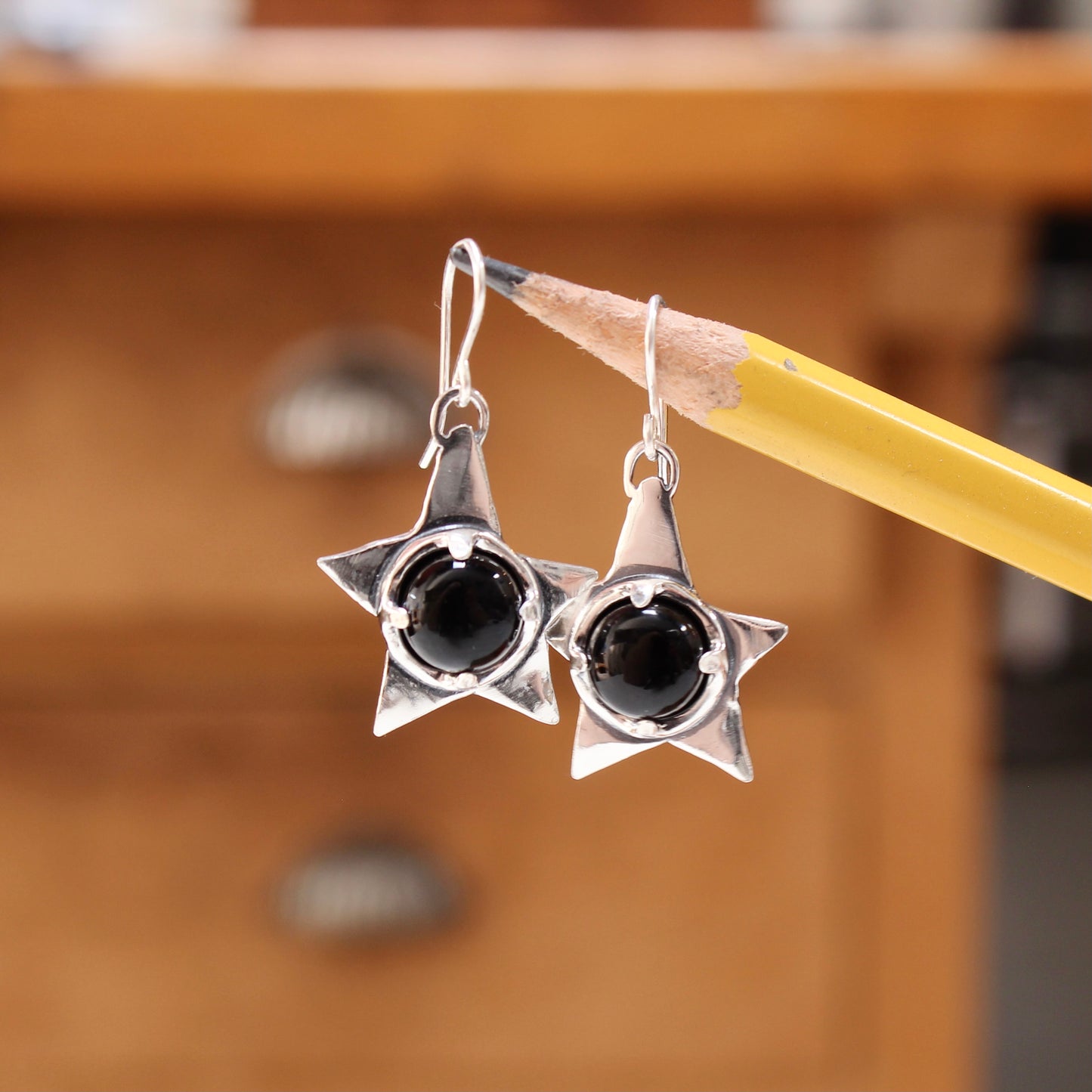 Black Onyx and Sterling Silver Star Earrings - Rustic Whimsical Goth