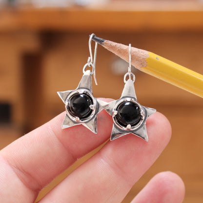 Black Onyx and Sterling Silver Star Earrings - Rustic Whimsical Goth